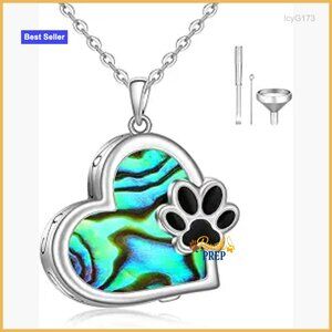 Sterling Silver Pet Memorial Urn Necklace with Abalone Paw Heart Design
